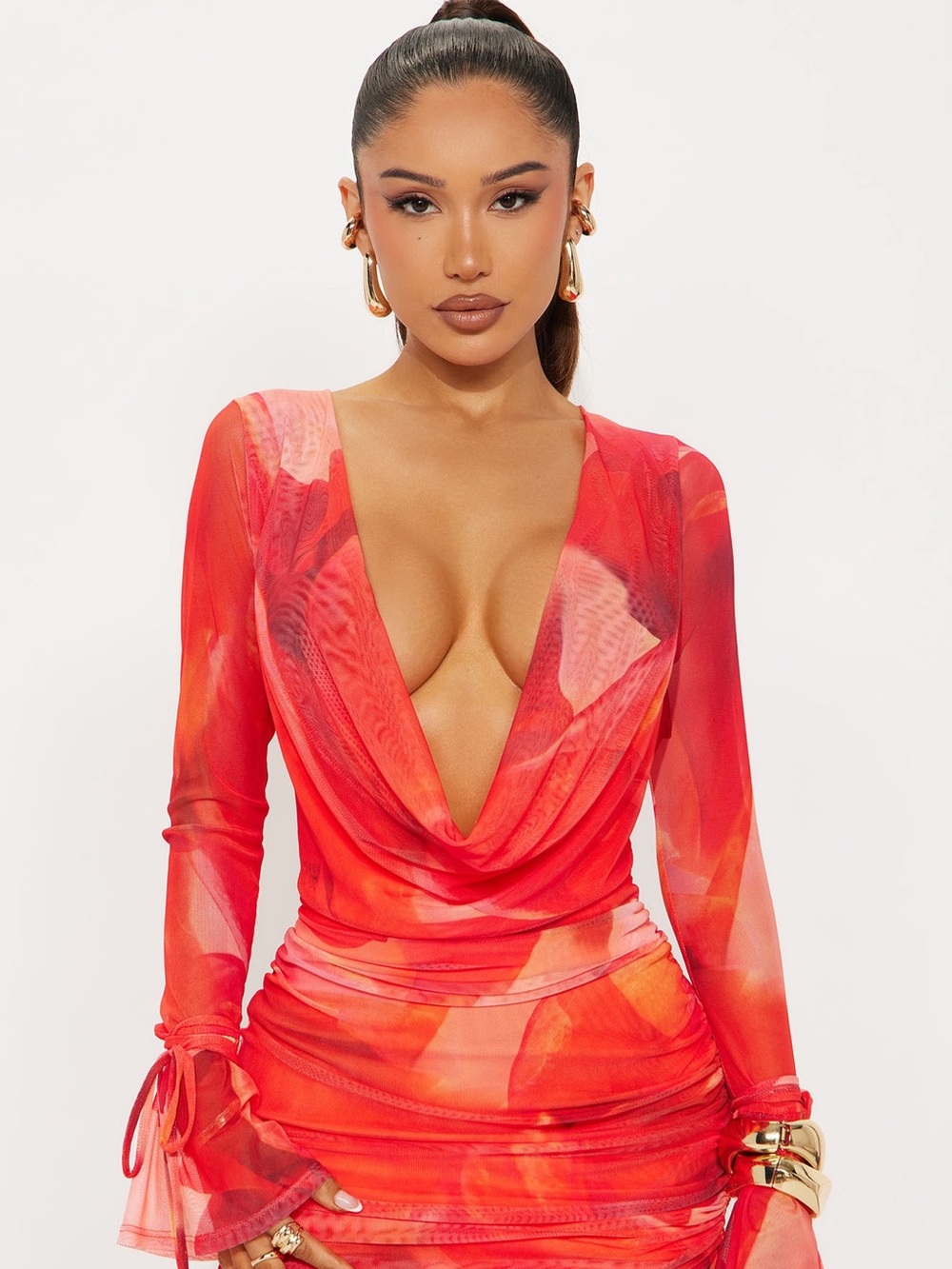 Red Orange Mesh Ruched Deep V Mini Dress - Picture 2 of 2